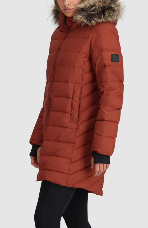 Shop Outdoor Research Coze Lux 700 Fill Power Down Parka With Faux Fur Trim Hood In Brick