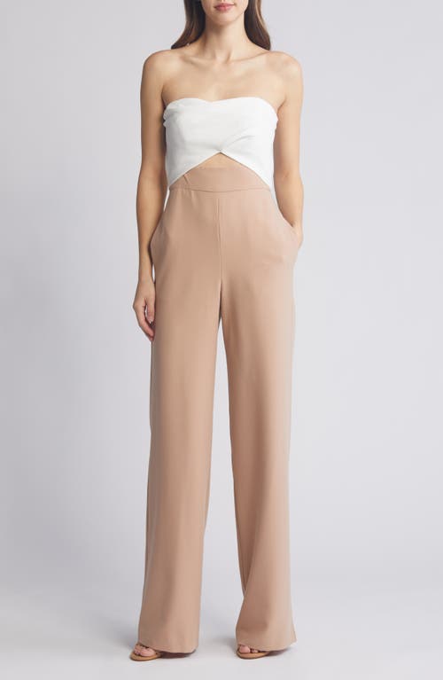 Black Halo Jada Strapless Wide Leg Jumpsuit in Desert Sand/Pearl