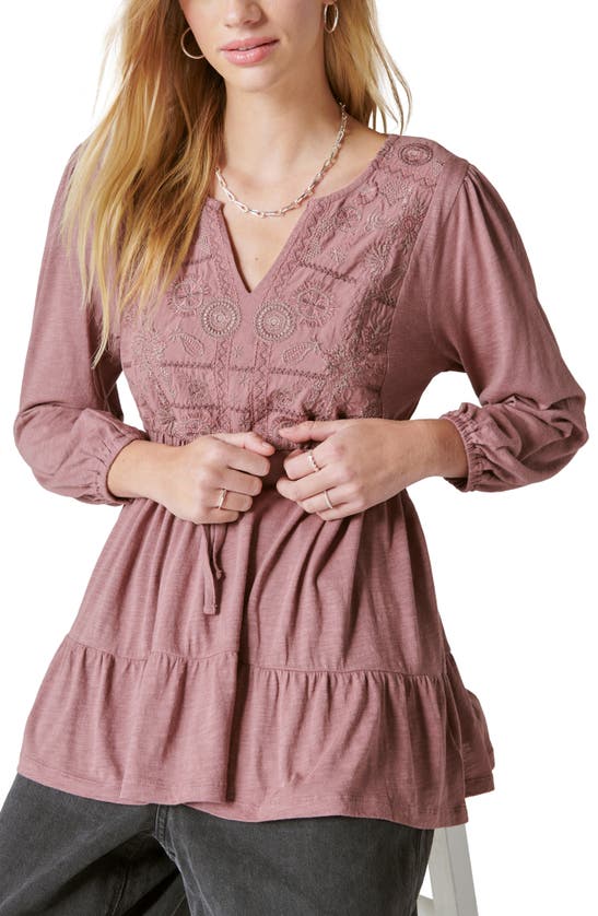Shop Lucky Brand Embroidered Long Sleeve Top In Roan Rouge