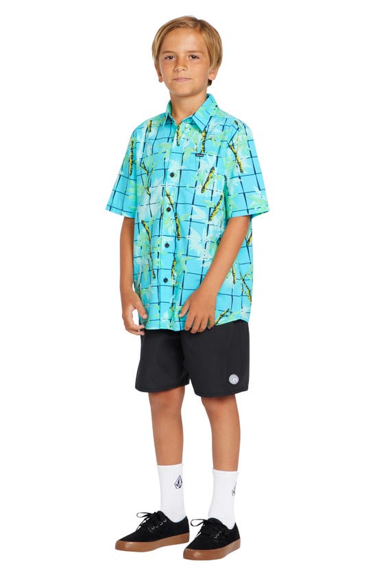 Shop Volcom Kids' Bamboozeled Print Short Sleeve Button-up Shirt In Clearwater
