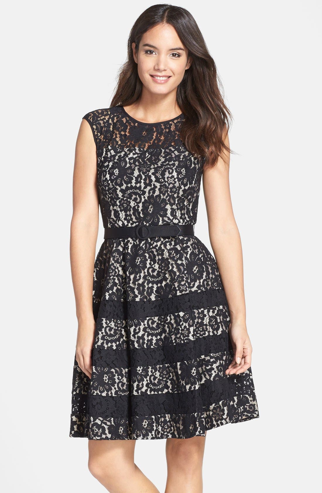 Eliza J Belted Cap Sleeve Lace Fit & Flare Dress (Regular & Petite