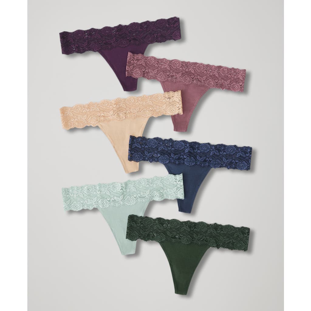 Pact Organic Cotton Lace Waist Thong 3-pack In Harvest Hues