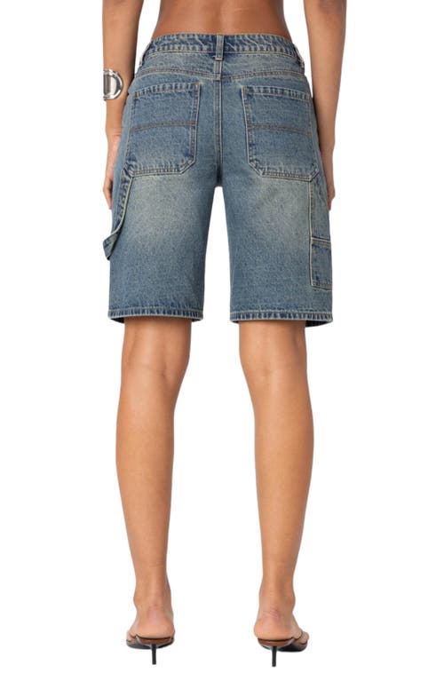 Edikted Low Rise Denim Carpenter Bermuda Shorts In Blue