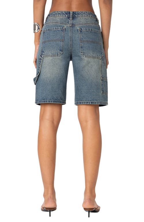 Shop Edikted Low Rise Denim Carpenter Bermuda Shorts In Blue