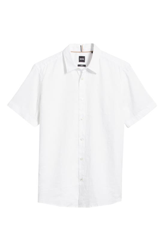 Shop Hugo Boss Roan Short Sleeve Stretch Linen Blend Button-up Shirt In White