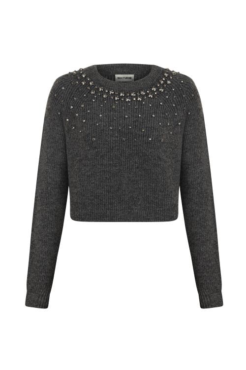 Shop Nocturne Stone Embellished Crop Sweater In Grey