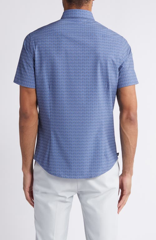 Shop Mizzen + Main Mizzen+main Leeward Trim Fit Print Short Sleeve Performance Button-up Shirt In Coastal Fjord Fern Geo