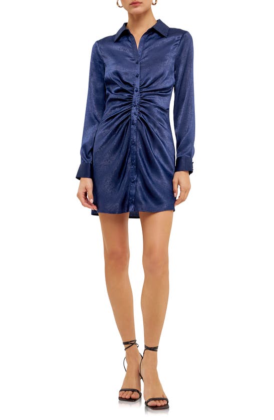 Endless Rose Ruched Long Sleeve Satin Shirtdress In Navy