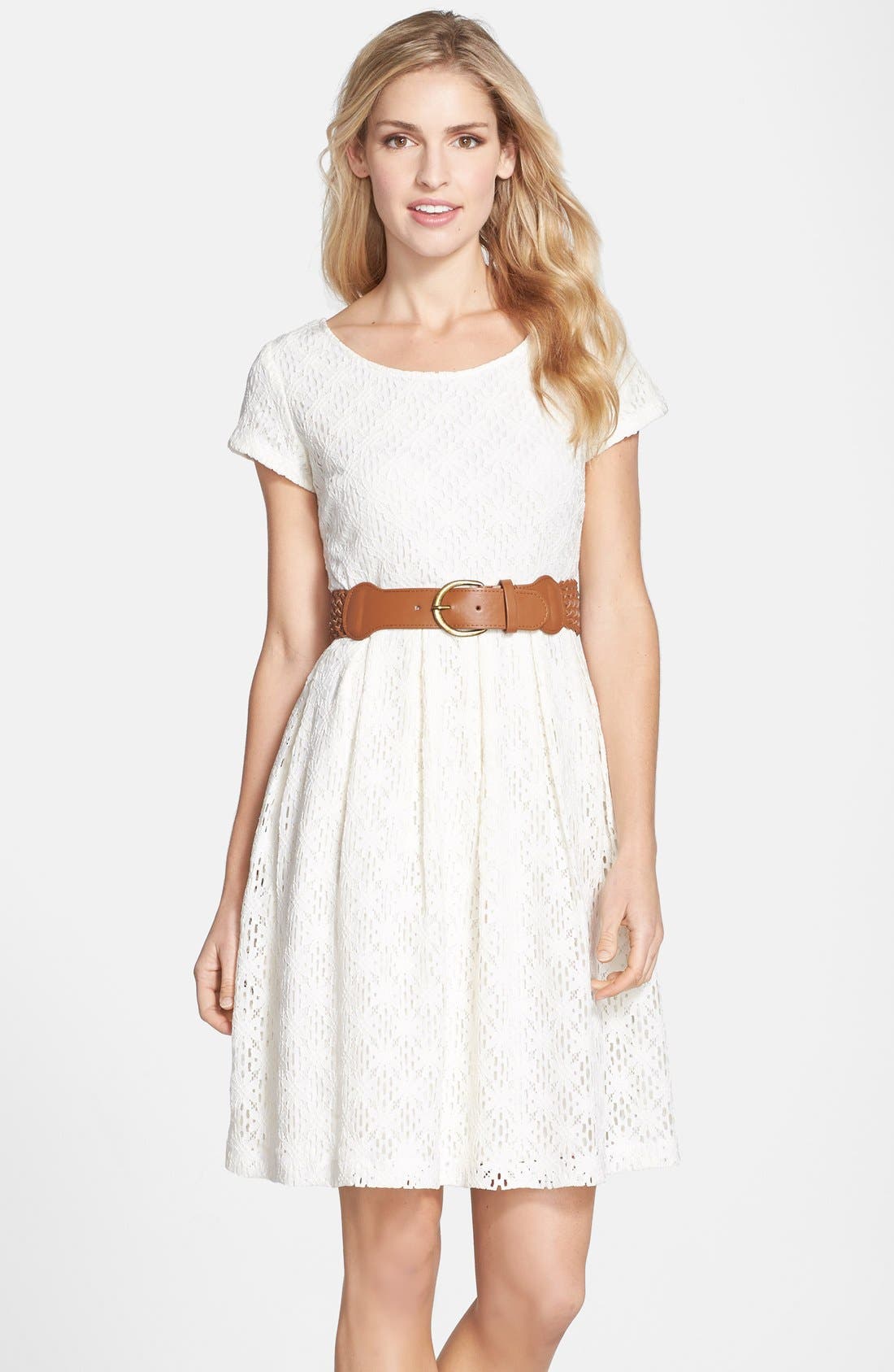 Chetta B Belted Knit Lace Fit & Flare Dress | Nordstrom