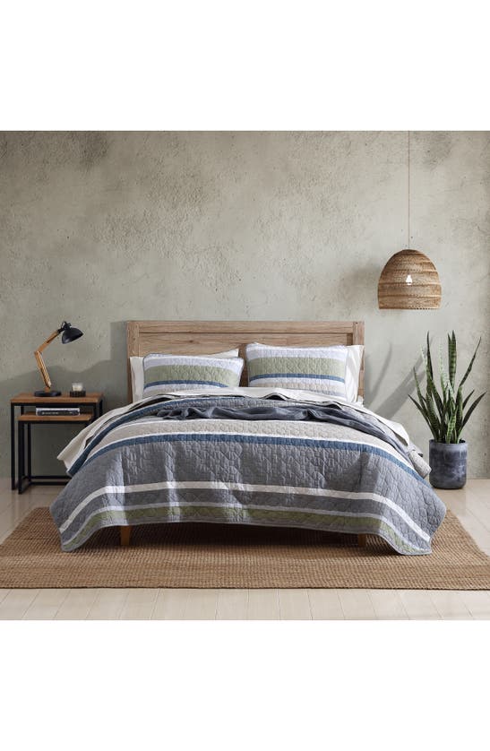 Eddie Bauer Salmon Ladder Cotton Quilt 3-piece Set In Khaki/ Navy