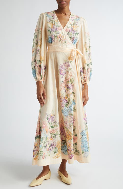 Shop Zimmermann Halliday Floral Long Sleeve Wrap Dress In Cream Watercolour Floral