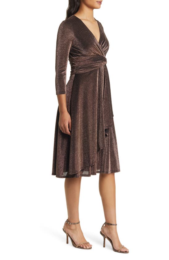 Shop Eliza J Metallic Long Sleeve Faux Wrap Cocktail Dress In Brown