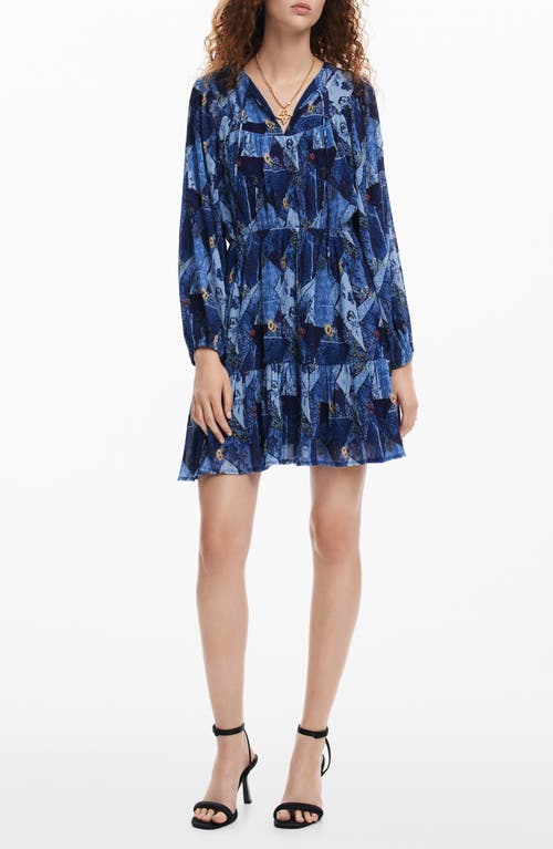 Desigual Luca Long Sleeve Plissé Dress In Blue