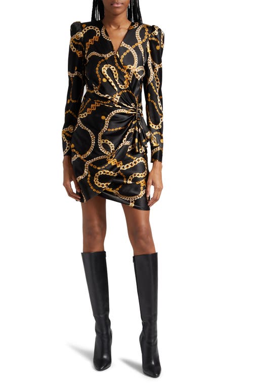 Clarice Chain Print Long Sleeve Stretch Silk Dress in Black /Gold Classic Chain