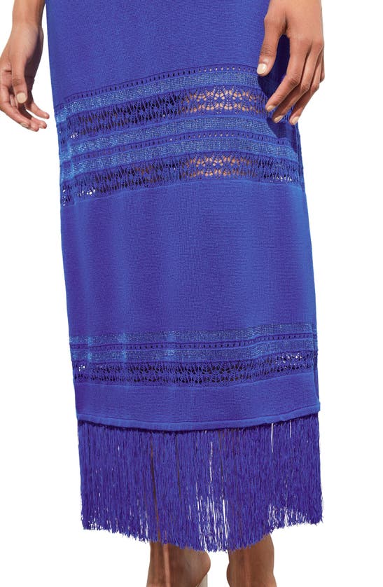 Shop Ming Wang Fringe Hem Pointelle Maxi Sweater Dress In Sapphire Sea