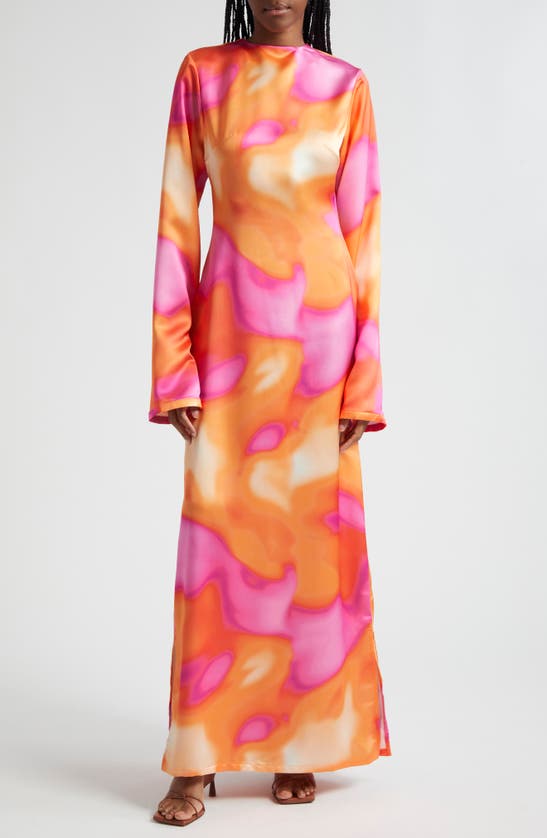 Shop Oríré Aqua Print Long Sleeve Maxi Dress In Pink And Orange