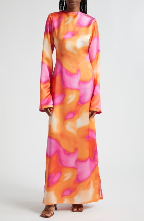 Aqua Print Long Sleeve Maxi Dress in Pink And Orange