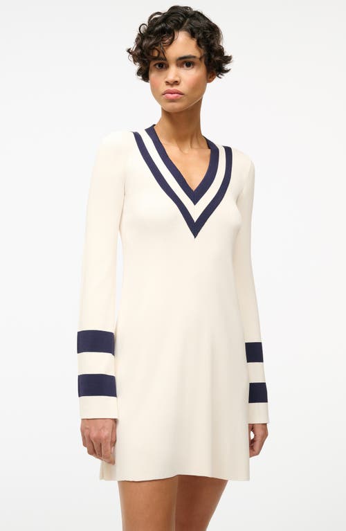 Shop Staud Sunshine Contrast Detail Long Sleeve Minidress In Ivory/navy