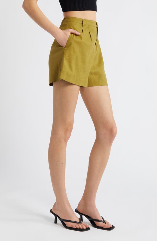 Shop Open Edit High Waist Linen Blend Shorts In Olive Eyes