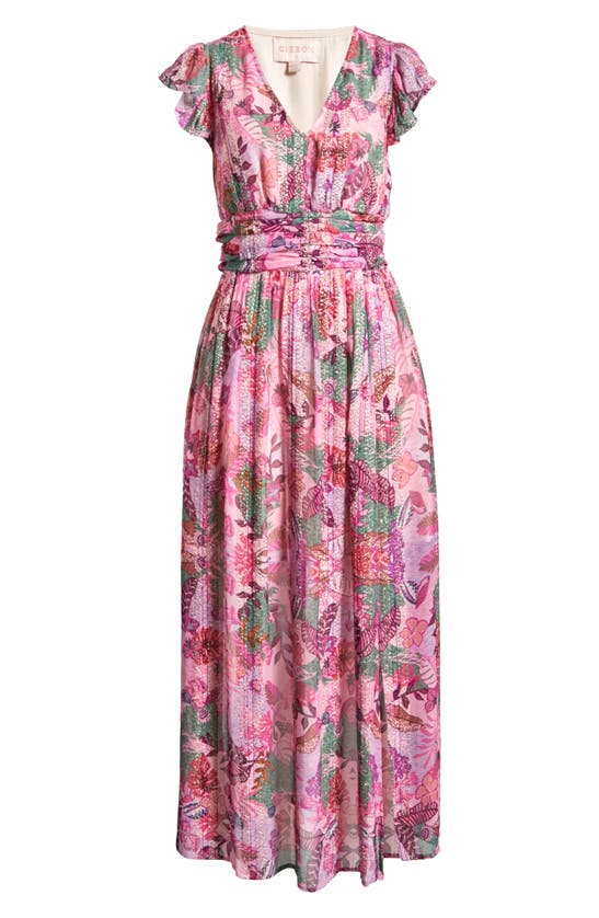 Shop Ciebon Jennsen Ruched Flutter Sleeve Maxi Dress In Pink