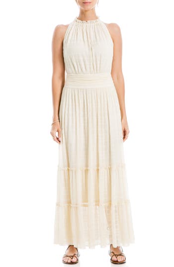 Max Studio Mock Neck Lace Mesh Dress In Cream