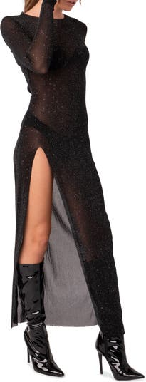 Black Sheer Glitter Mesh Long Sleeve Maxi Dress