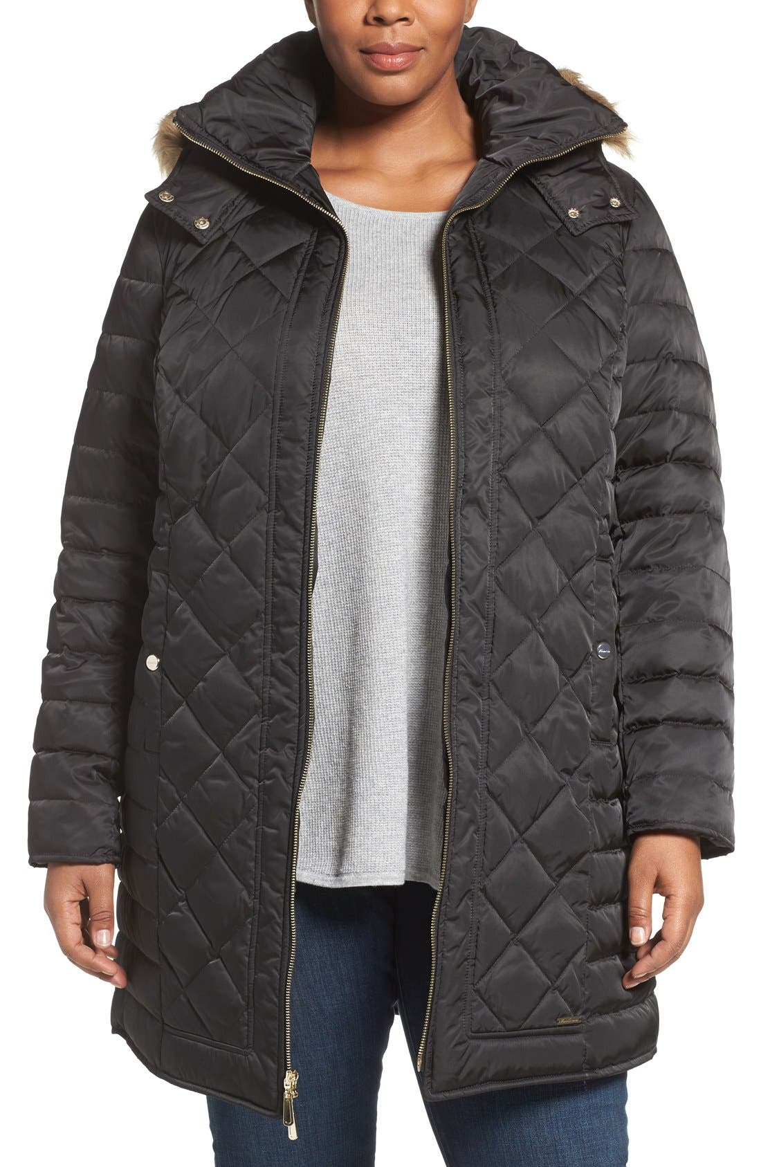 Cole New York Faux Fur Trim Hooded Down & Feather Fill Coat