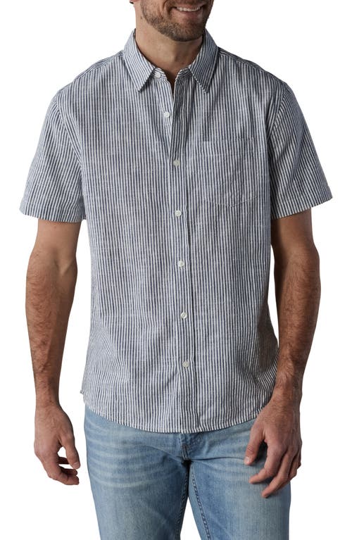 Shop The Normal Brand Lived In Short Sleeve Cotton Button-up Shirt In Navy Railroad Stripe