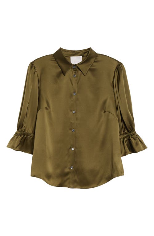 Shop Cinq À Sept Fiona Ruffle Cuff Silk Button-up Shirt In Dark Olive