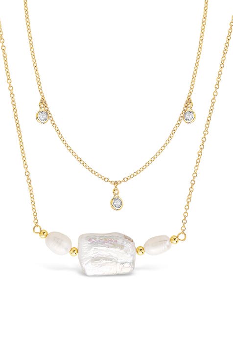 14K Gold Plated Bezel CZ and 9mm Baroque Pearl Layered Necklace