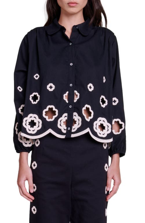 Maje Raie Crochet Accent Button-up Cotton Shirt In Black
