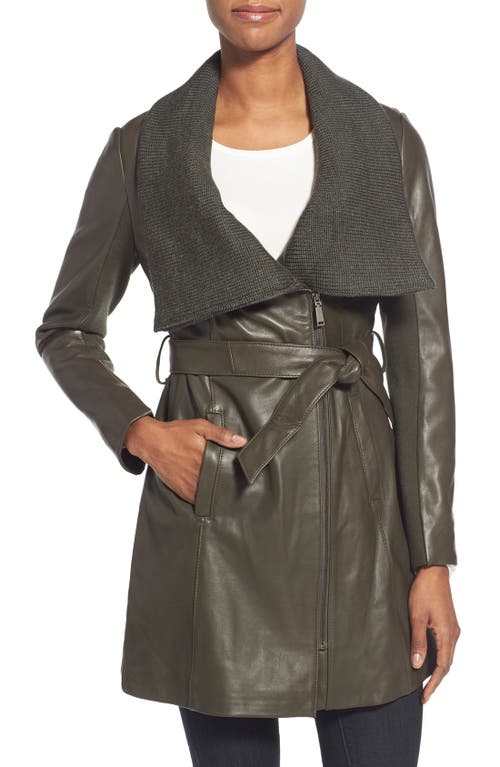 'Alexandra' Knit Collar Belted Leather Coat in Loden