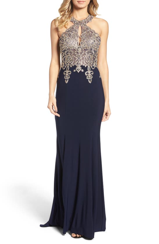Xscape Evenings Xscape Embellished Embroidered Gown In Blue