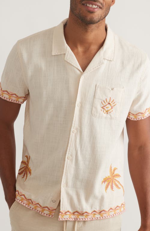 Embroidered Stretch Cotton Camp Shirt in Natural/Coral