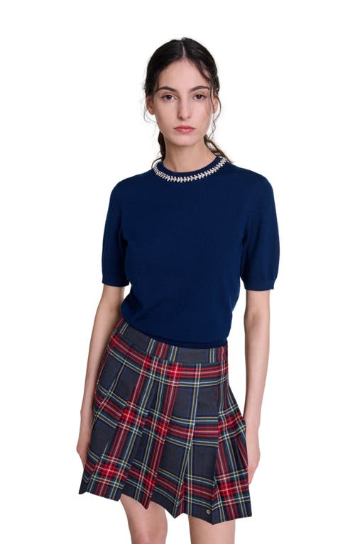 Shop Maje Knit Crop Sweater With Rhinestones In Navy