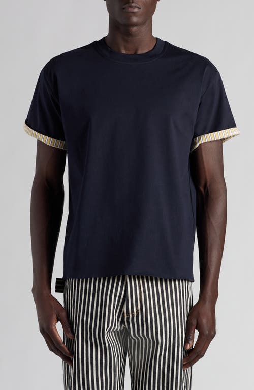 Shop Bottega Veneta Contrast Lined Sleeve Cotton Jersey T-shirt In Navy-yellow-white