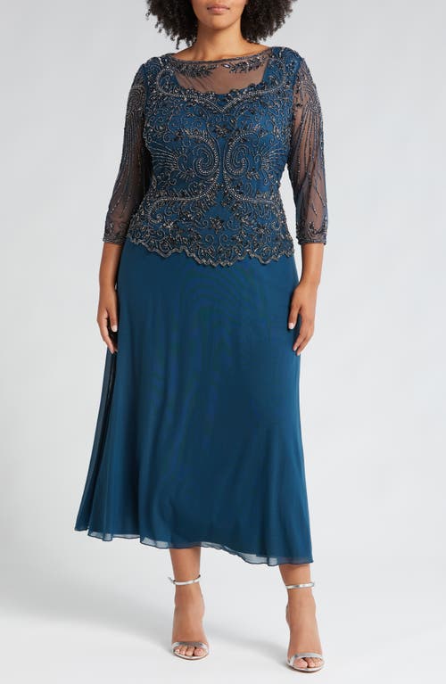 Pisarro Nights Beaded Mesh Mock Two-piece Gown In Sapphire