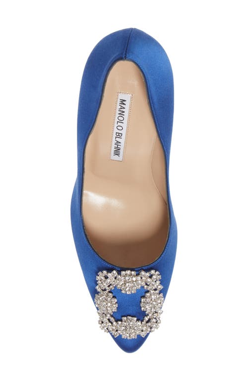 Shop Manolo Blahnik Hangisi Crystal Buckle Pump In Blue Satin Clear/buckle