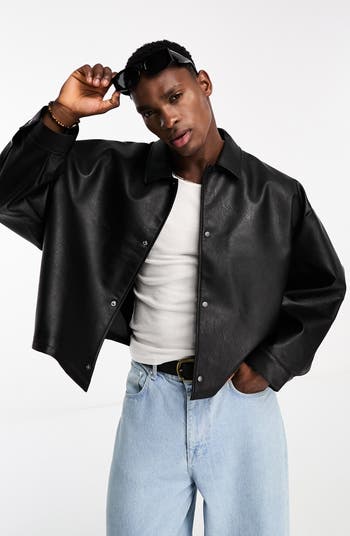 ASOS Real Leather Varsity Jacket in Green for Men