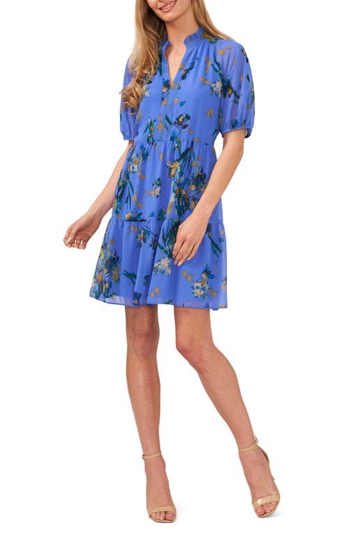 CeCe Floral Print Tiered Babydoll Dress in Tropic Night Blue
