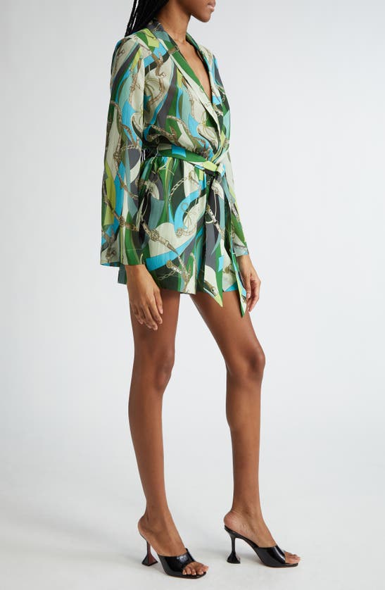 Shop L Agence Arabell Belt Print Long Sleeve Romper In Sea Green Multi Belt Swirl