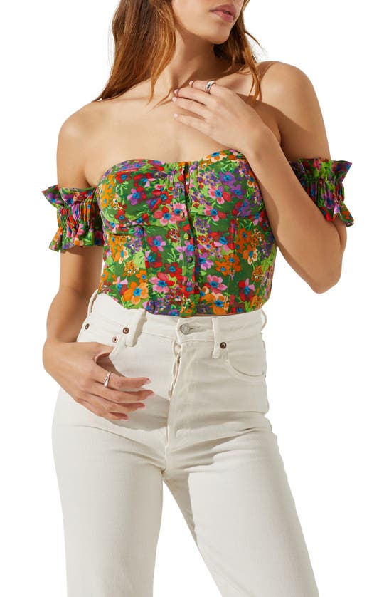 Astr Print Off The Shoulder Corset Top In Green Multi Floral