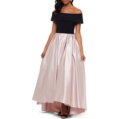 Betsy & Adam High/low Off The Shoulder Velvet & Satin Ballgown, Black