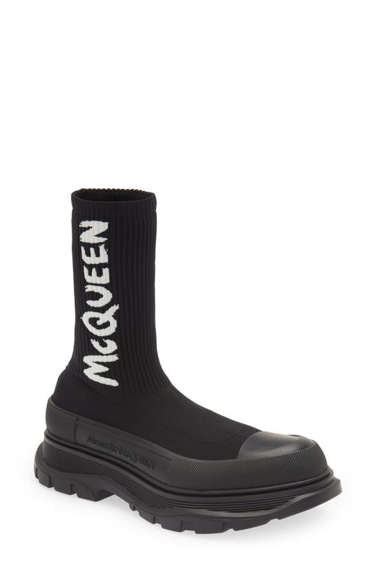 Alexander Mcqueen Black Sock-style Logo-print Boots In Black/ White/ Black