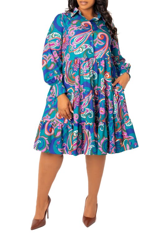 Shop Buxom Couture Floral Long Sleeve Shirtdress In Teal Multi