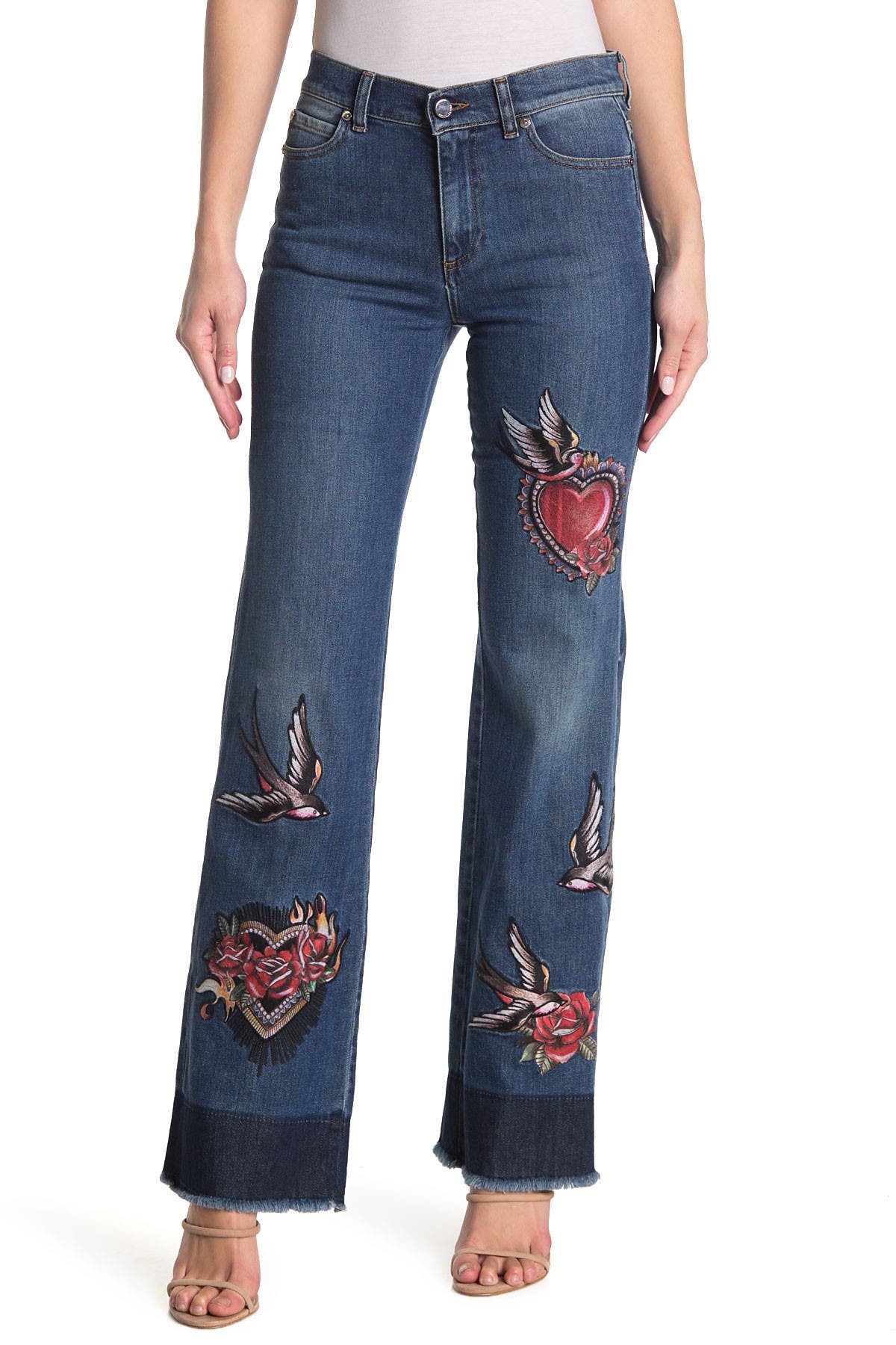 Red Valentino Swallow Embroidered Flared Jeans In Medium Blue Denim 558