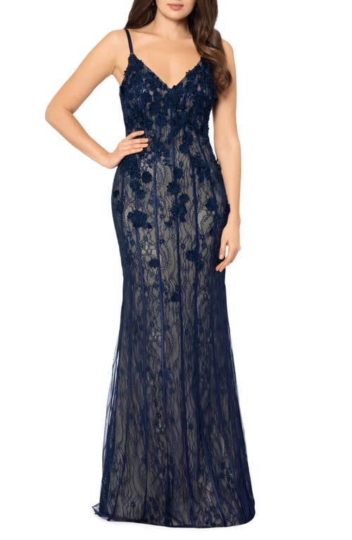 UPC 191837339132 product image for Xscape 3D Floral Lace Trumpet Gown in Navy/Champagne at Nordstrom, Size 12 | upcitemdb.com