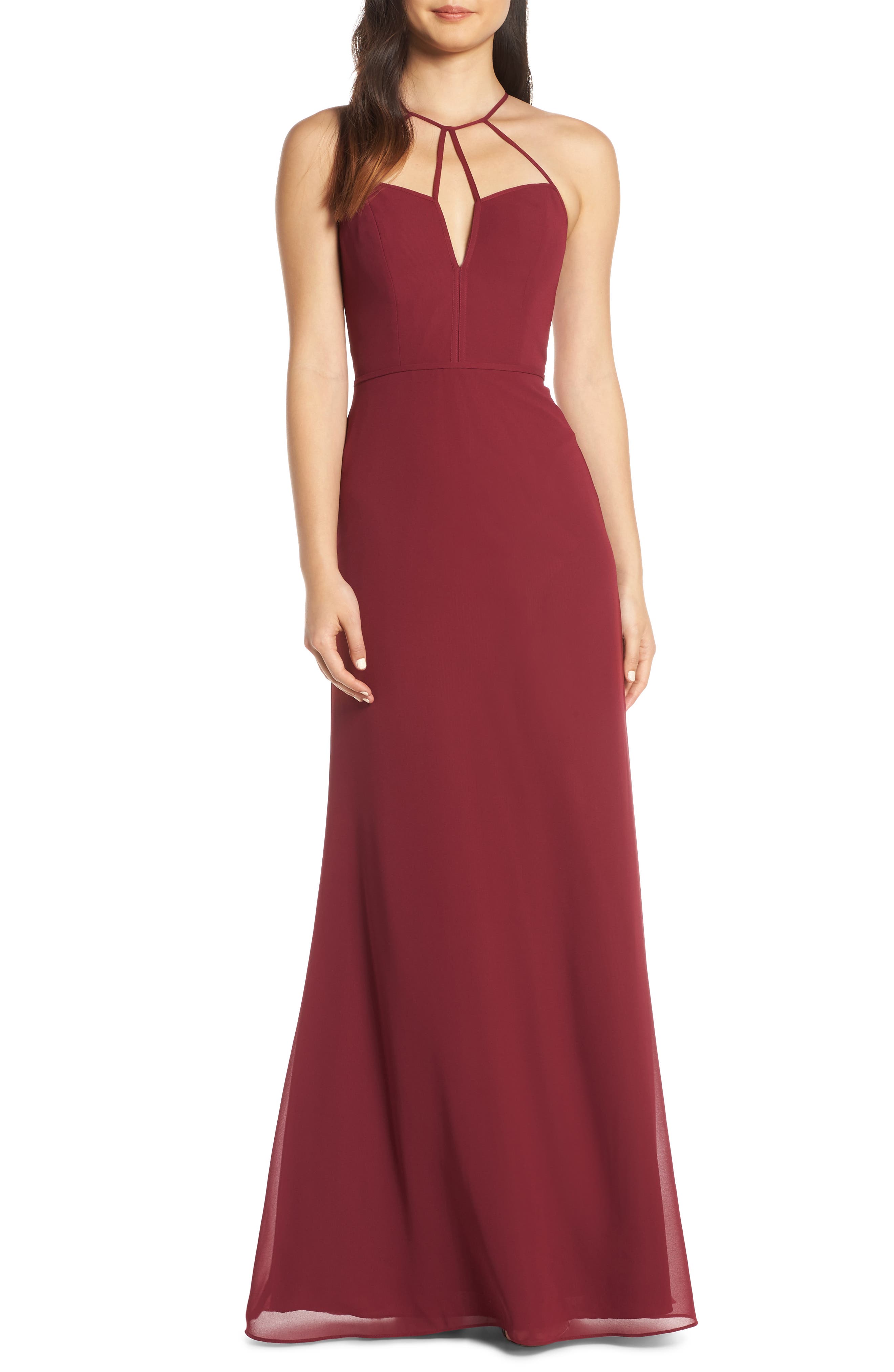 Hayley Paige Occasions Strappy Detail Chiffon Evening Dress, Burgundy
