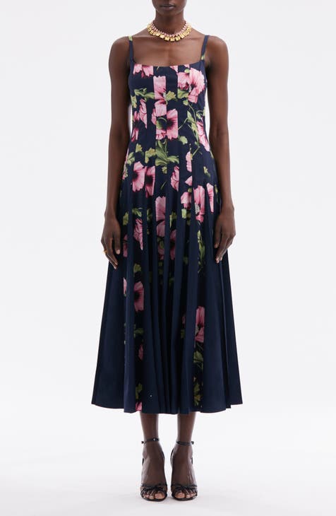 Paneled Poppy Print Midi Dress