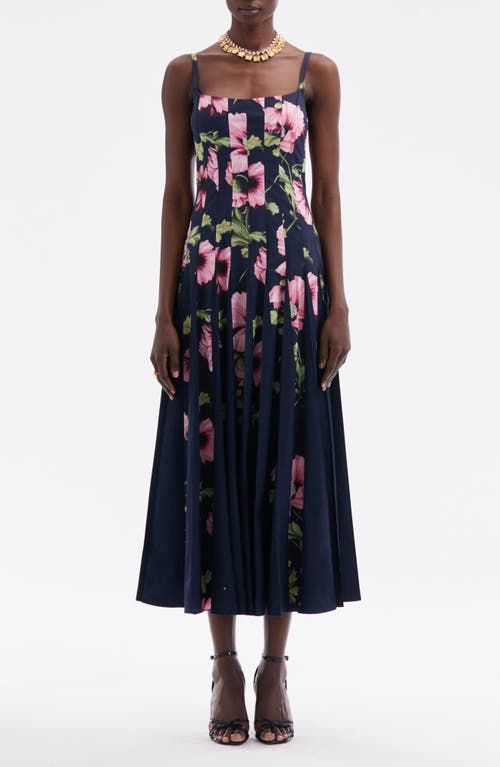 Shop Oscar De La Renta Paneled Poppy Print Midi Dress In Navy/pink